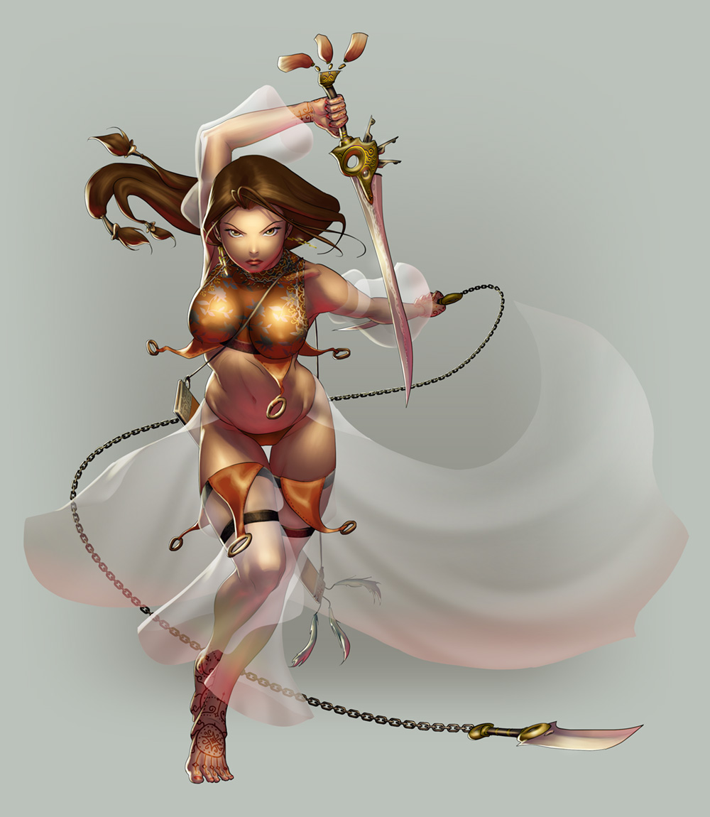 chester ocampo, 1girl, armpits, arms up, bare shoulders, barefoot, breasts, brown hair, collarbone, feet, female focus, henna, large breasts, lips, midriff, nail polish, skinny, slender, solo, sword, tattoo, thigh gap, toes, weapon, whip
