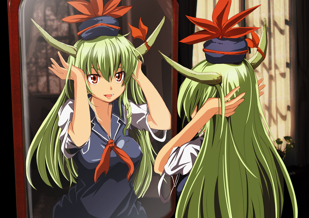 maturiuta sorato, ex-keine, kamishirasawa keine, touhou, 1girl, adjusting hair, fang, female focus, green hair, hat, horns, long hair, mirror, red eyes, reflection, ribbon, solo