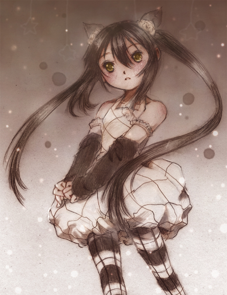 chaiusa, nakano azusa, k-on!, plaid legwear, bad id, bad pixiv id, 00s, 1girl, animal ears, arm warmers, bare shoulders, black hair, blush, bubble skirt, cat ears, cat girl, dress, female focus, gloves, gothic lolita, gradient background, lolita fashion, long hair, pantyhose, patterned legwear, plaid clothes, skirt, solo, striped clothes, striped pantyhose, twintails, yellow eyes