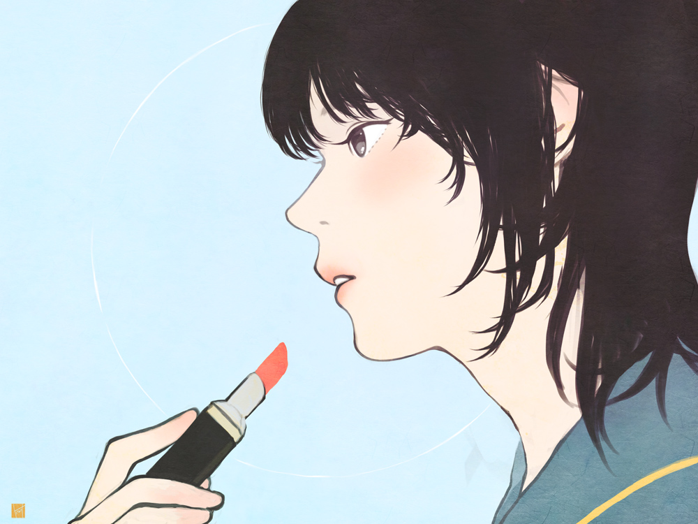 sakamoto himemi, original, bad id, bad pixiv id, black hair, grey eyes, lipstick, makeup, short hair, solo