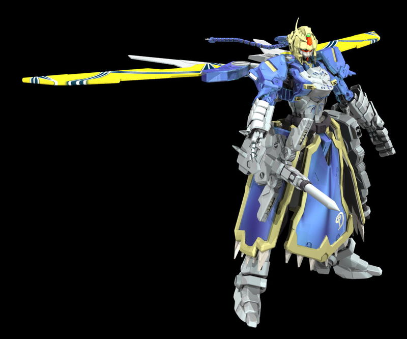 artoria pendragon (fate), saber (fate), fate/stay night, fate (series), gundam, 00s, 3d, ahoge, black background, full body, holding, holding sword, holding weapon, mecha, mechanical wings, mechanization, no humans, robot, simple background, standing, sword, weapon, white background, wings