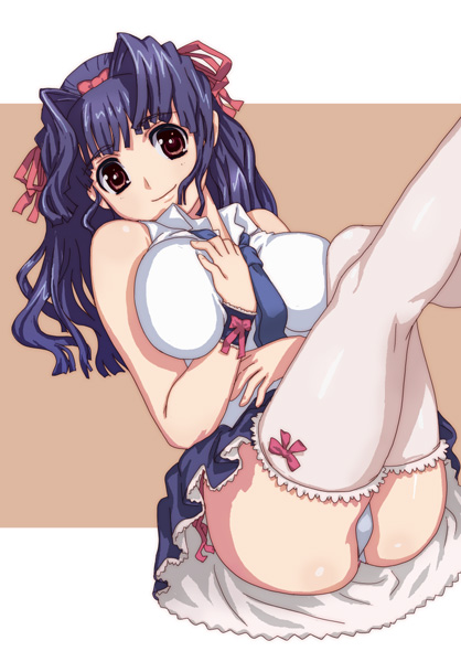 hirose (mokiki), original, blue hair, breasts, brown eyes, hair ribbon, large breasts, long hair, necktie, panties, pantyshot, ribbon, solo, thighhighs, underwear, white thighhighs