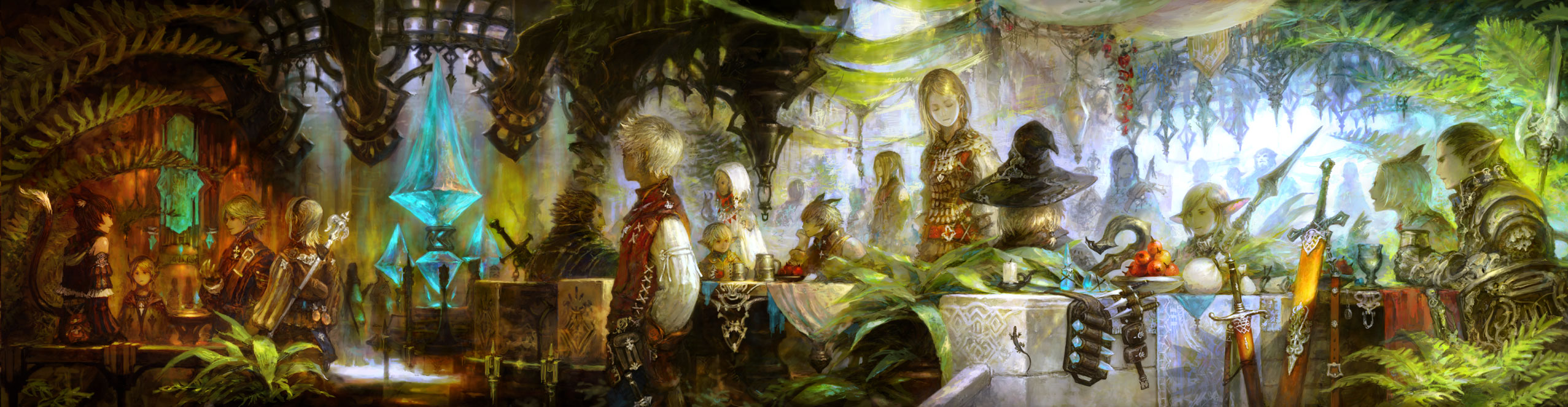 takahashi kazuya, elvaan, warrior of light (ff14), final fantasy, final fantasy xiv, square enix, highres, long image, official art, wide image, 10s, 2boys, 3girls, animal ears, crystal, elezen, elf, galka, hume, hyur, lalafell, miqo'te, multiple boys, multiple girls, pointy ears, polearm, roegadyn, staff, sword, tarutaru, weapon