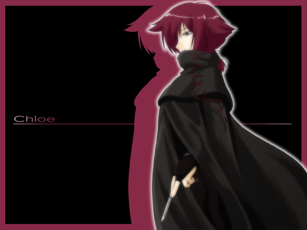umekichi, chloe (noir), noir (anime), 00s, 1girl, bodysuit, cloak, female focus, fingerless gloves, gloves, knife, ponytail, profile, purple hair, short hair, smile, solo