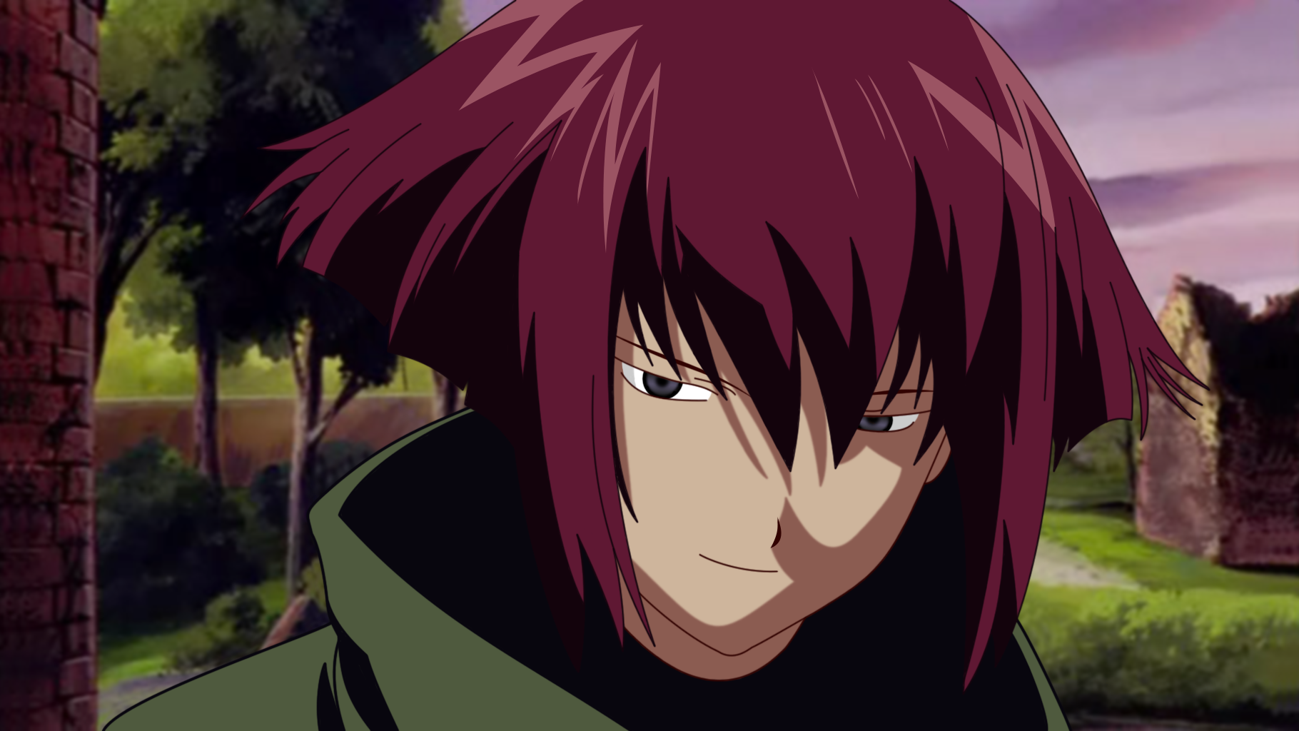 chloe (noir), noir (anime), derivative work, highres, vector trace, 00s, 1girl, cloak, cloud, female focus, outdoors, plant, purple hair, ruins, shadow, short hair, sky, smile, solo, tree