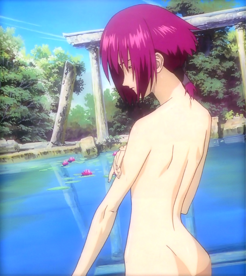 chloe (noir), noir (anime), non-web source, 00s, 1girl, ass, back, bath, bob cut, cel, cloud, covering privates, day, female focus, flower, nude, nude cover, outdoors, plant, ponytail, purple hair, reflection, ruins, short hair, sky, solo, standing, tree, water