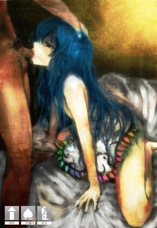 amii, hinanawi tenshi, touhou, bad id, bad pixiv id, 1girl, blue hair, censored, fellatio, flat chest, long hair, nipples, oral, penis, solo focus, topless female