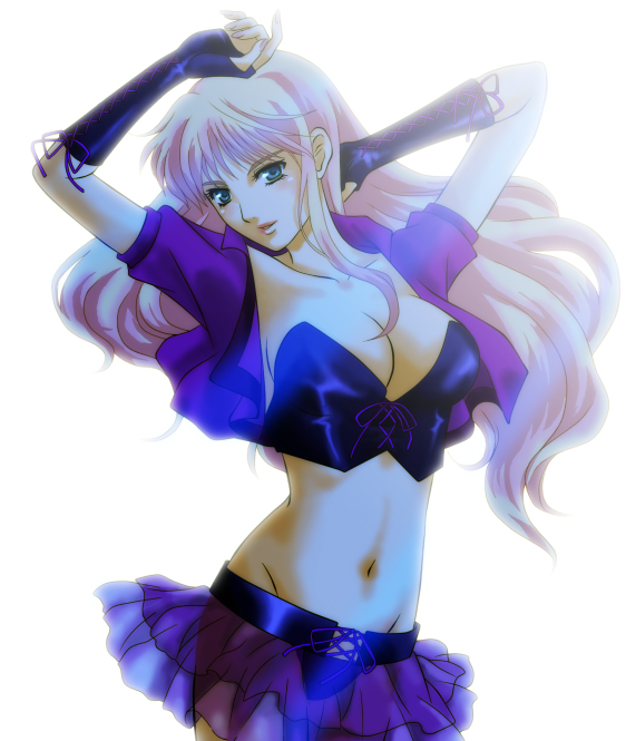 hana (torompe), ikaruga hana, lapita, sheryl nome, macross, macross frontier, colorized, 00s, 1girl, blue eyes, breasts, bustier, cleavage, elbow gloves, female focus, fingerless gloves, gloves, large breasts, long hair, midriff, miniskirt, navel, pink hair, see-through clothes, skirt, solo, white background