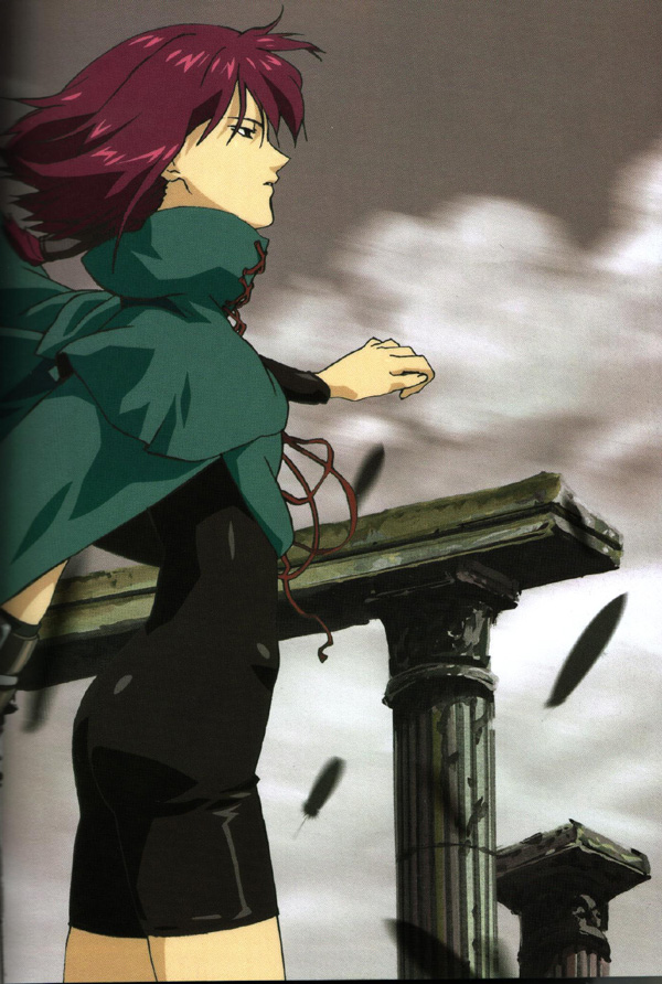 chloe (noir), noir (anime), official art, scan, 00s, 1girl, ass, bodysuit, cloak, cloud, column, dress, feathers, female focus, from side, outdoors, pillar, ponytail, profile, purple hair, ruins, short hair, sky, solo, standing, wind