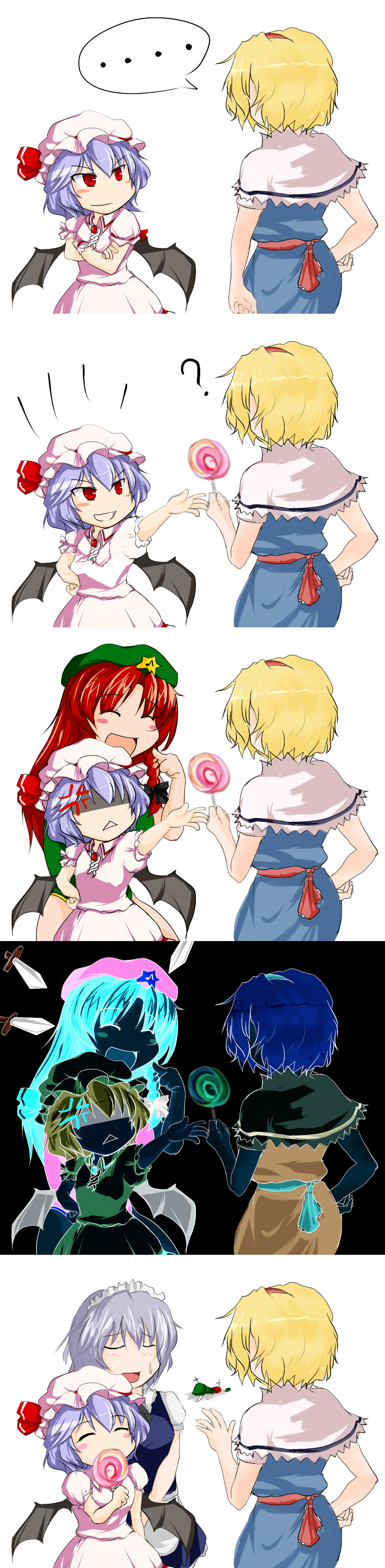 beegle, alice margatroid, hong meiling, izayoi sakuya, remilia scarlet, jojo no kimyou na bouken, touhou, silver hair, absurdres, highres, long image, tall image, 4girls, :<, ^ ^, bat wings, blonde hair, blue hair, braid, candy, closed eyes, female focus, food, hairband, hat, knife, lollipop, long hair, multiple girls, parody, red eyes, red hair, short hair, swirl lollipop, throwing knife, time stop, twin braids, weapon, wings, za warudo