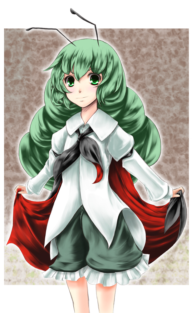 r0g0b0, wriggle nightbug, touhou, bad id, bad pixiv id, 1girl, aged up, alternate hairstyle, antennae, cape, curtsey, female focus, green eyes, green hair, long hair, matching hair/eyes, solo
