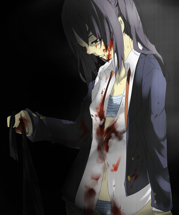 kl (dgzonbi), nakano azusa, k-on!, 00s, 1girl, black hair, blood, bra, female focus, gradient background, guro, messy hair, murder, open clothes, open shirt, panties, ribbon, sarashi, school uniform, shirt, solo, striped clothes, striped panties, underwear
