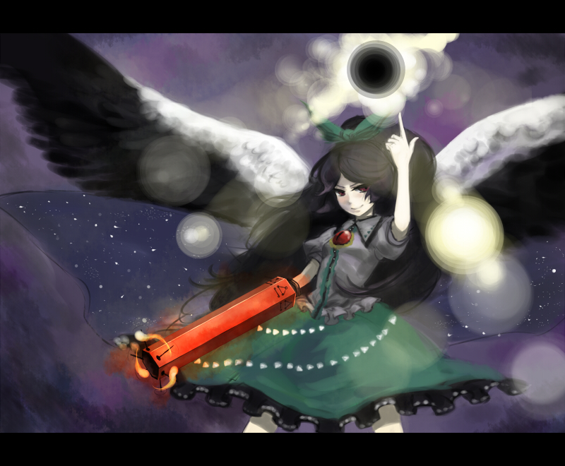 kottsu, reiuji utsuho, touhou, bad id, bad pixiv id, 1girl, black hair, black wings, female focus, long hair, red eyes, solo, wings