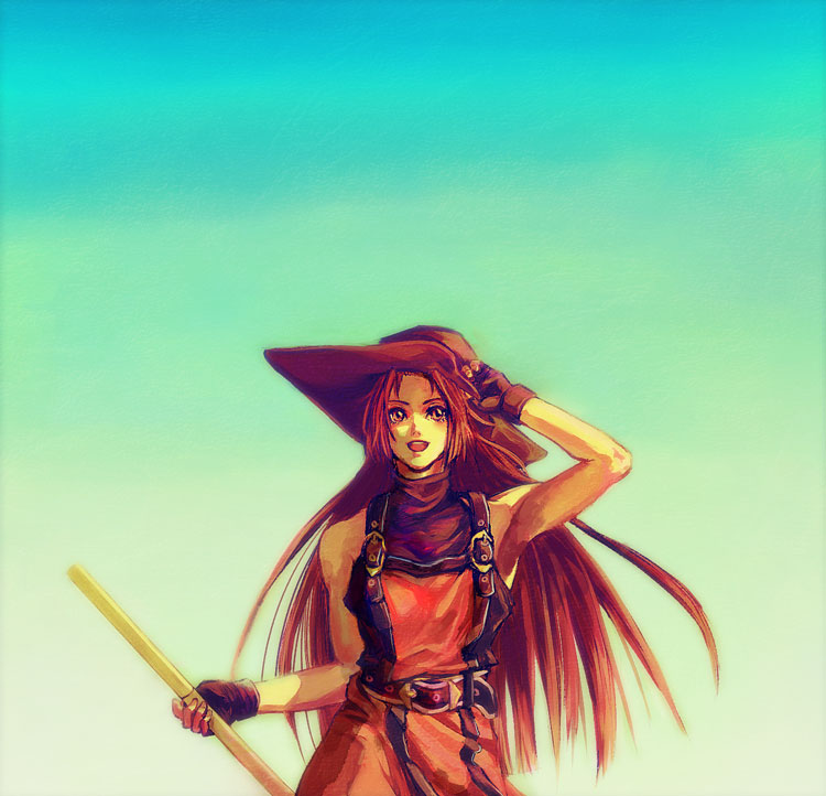 sil9, y.silk, may (guilty gear), arc system works, guilty gear, bad id, bad pixiv id, 1girl, aged up, armpits, brown hair, female focus, hat, long hair, orange shirt, shirt, solo, sword, weapon