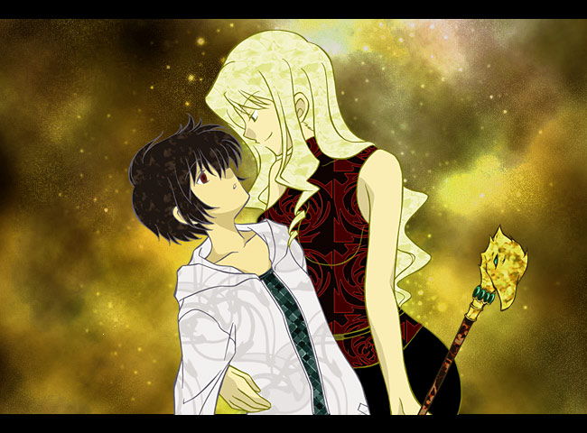 mireille bouquet, yuumura kirika, gankutsuou, noir (anime), 2girls, blonde hair, breasts, brown hair, cane, drill hair, eye contact, female focus, letterboxed, looking at another, multiple girls, parody, standing, yuri