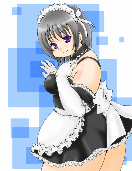 sawatari izumi, kore ga watashi no goshujin-sama, 00s, 1girl, abstract background, alternate body size, bare shoulders, black hair, blue background, breasts, cowboy shot, elbow gloves, fat, fat woman, female focus, gloves, large breasts, looking at viewer, maid, maid headdress, medium breasts, nakabayashi yoshitaka's maid uniform, plump, purple eyes, short hair, smile, solo, standing, thick arms, thick thighs, thighs, white background, white gloves