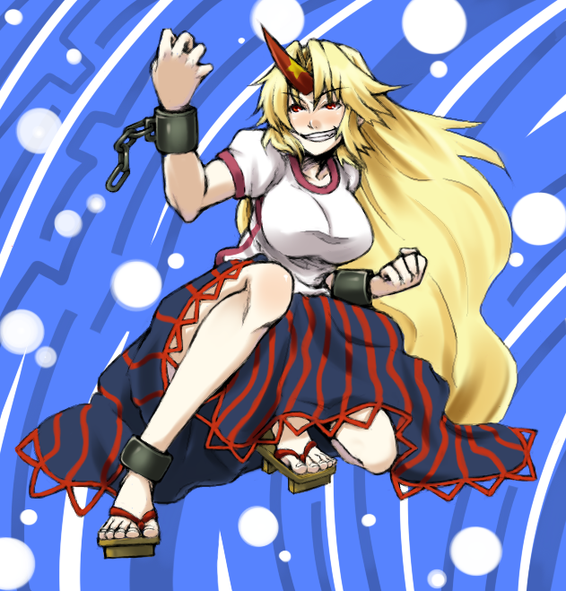 suwi, hoshiguma yuugi, touhou, 1girl, blonde hair, breasts, cuffs, female focus, geta, horns, long hair, red eyes, shackles, solo