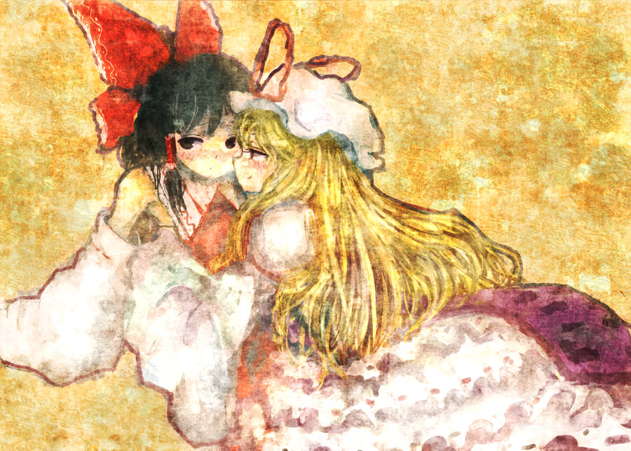 amii, hakurei reimu, yakumo yukari, touhou, bad id, bad pixiv id, 2girls, black hair, blonde hair, detached sleeves, female focus, hair ribbon, hat, japanese clothes, long hair, miko, multiple girls, ribbon, yuri