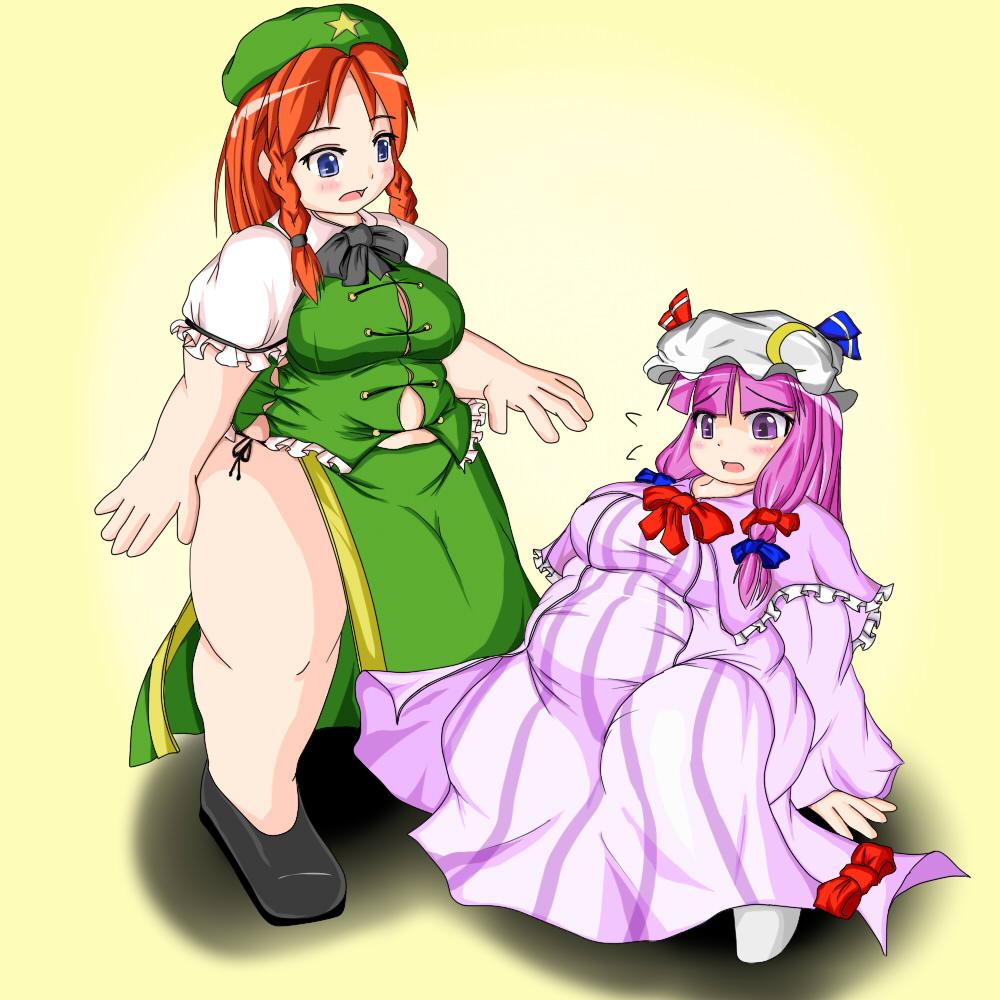 nerizou, hong meiling, patchouli knowledge, touhou, tagme, 2girls, belly, blue eyes, breasts, dress, fat, fat woman, female focus, full body, gradient background, hat, large breasts, long hair, medium breasts, multiple girls, orange hair, plump, purple eyes, purple hair, skirt, thick thighs, thighs