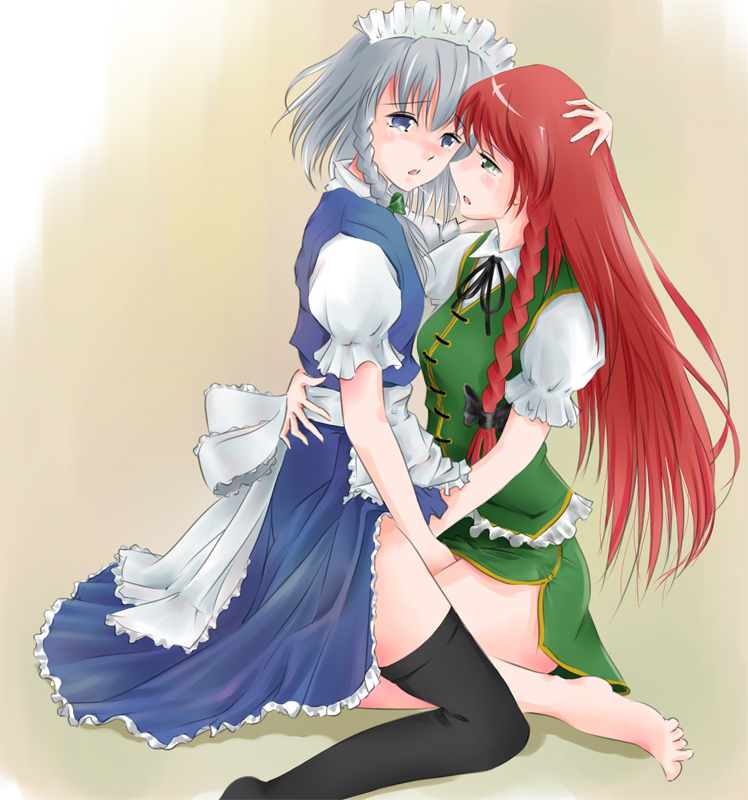 fenderu, hong meiling, izayoi sakuya, embodiment of scarlet devil, touhou, silver hair, 2girls, bad anatomy, bad feet, barefoot, black thighhighs, blue hair, braid, china dress, chinese clothes, dress, feet, female focus, fingering, hug, long hair, maid, multiple girls, mutual fingering, mutual masturbation, poorly drawn, red hair, saliva, saliva trail, short hair, thighhighs, yuri