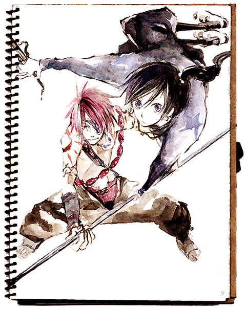 gijino, jay (tales), moses sandor, tales of (series), tales of legendia, bad id, bad pixiv id, painting (medium), traditional media, watercolor (medium), 2boys, black hair, eyepatch, male focus, multiple boys, red hair, short hair