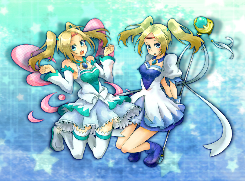 ameta (pixiv598197), fenimore, fenimore xelhes, thyra, thyra welzes, tales of (series), tales of legendia, white legwear, 2girls, blonde hair, blue background, blue skirt, dress, long hair, magical girl, multiple girls, puffy sleeves, siblings, sisters, skirt, thighhighs, twins, twintails