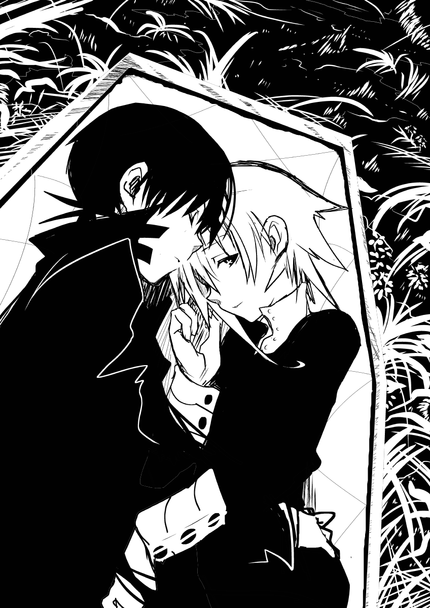 imawano lem, crona (soul eater), death the kid, soul eater, gender request, 00s, androgynous, black dress, black hair, coat, coffin, cuff links, dress, greyscale, high collar, holding, looking at viewer, monochrome, short hair, sketch, sleeping