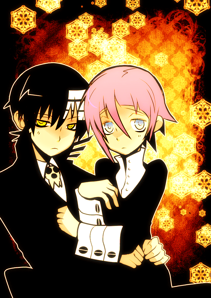 imawano lem, crona (soul eater), death the kid, soul eater, gender request, 00s, androgynous, black dress, black hair, bolo tie, cuff links, dress, grey eyes, hair between eyes, high collar, holding, jacket, multicolored hair, pink hair, short hair, sitting, two-tone hair, white hair, yellow eyes