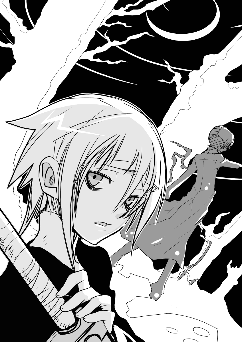 imawano lem, crona (soul eater), death the kid, ragnarok (soul eater), soul eater, 00s, 1boy, androgynous, back, bare tree, cloak, close-up, coat, crescent moon, dutch angle, expressionless, greyscale, looking at viewer, monochrome, moon, open mouth, plant, sheath, sheathed, short hair, standing, sword, tree, upper body, weapon