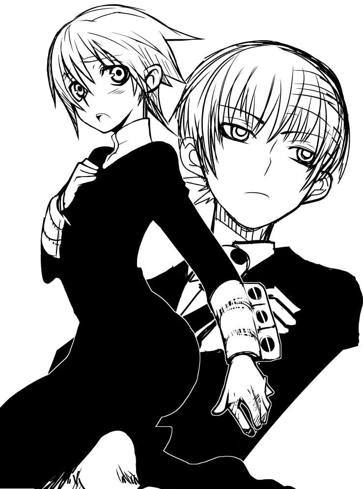 imawano lem, crona (soul eater), death the kid, soul eater, looking away, 00s, 1boy, androgynous, black dress, blush, crossed arms, cuff links, dress, formal clothes, greyscale, hand on own chest, high collar, jacket, long sleeves, looking at viewer, looking to the side, monochrome, open mouth, pants, short hair, simple background, suit, white background