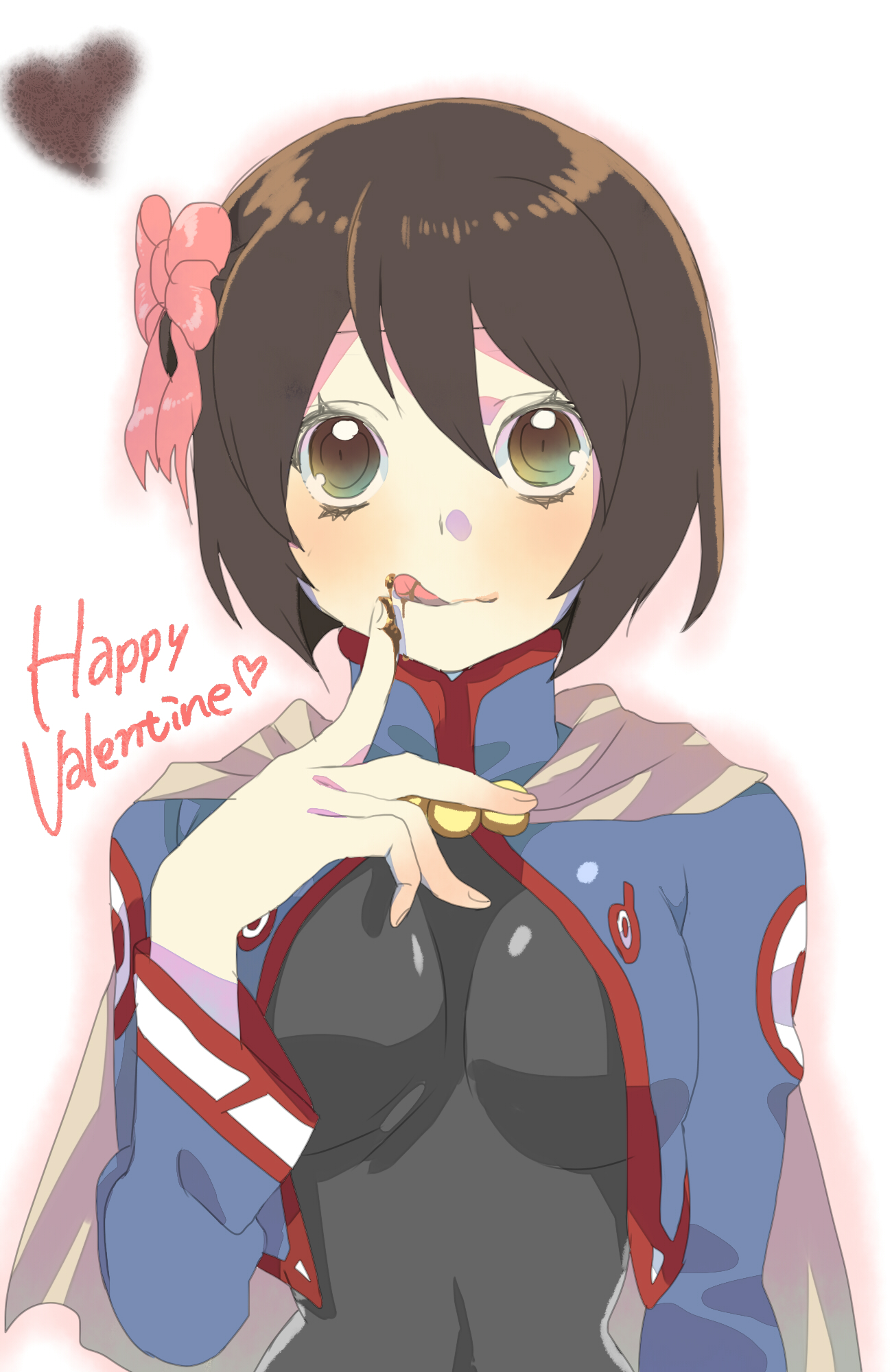 oomuro, oomuro (omuraisu), chloe valens, tales of (series), tales of legendia, bad id, bad pixiv id, highres, 1girl, black hair, bob cut, bodysuit, brown eyes, brown hair, chocolate, female focus, happy valentine, licking, ribbon, short hair, solo, valentine, white background