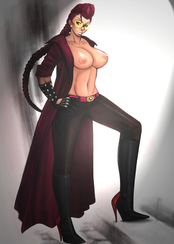 crimson viper, capcom, street fighter, street fighter iv (series), belt, boots, braid, breasts, coat, gloves, high heel boots, high heels, long hair, nipples, open clothes, open shirt, red hair, shirt, single braid, sunglasses