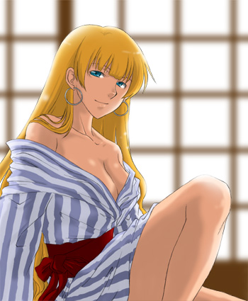 k-ma, ratchet altair, sakura taisen, sakura taisen v, lowres, 00s, 1girl, bare shoulders, blonde hair, blue eyes, breasts, cleavage, earrings, hoop earrings, japanese clothes, jewelry, kimono, large breasts, long hair, striped clothes, striped kimono, vertical-striped clothes, vertical-striped kimono, yukata