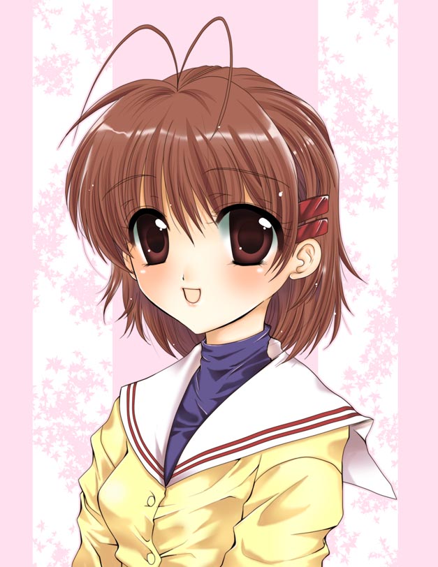 sakasaka, furukawa nagisa, clannad, bad id, bad pixiv id, 00s, antenna hair, brown eyes, brown hair, school uniform, short hair, solo