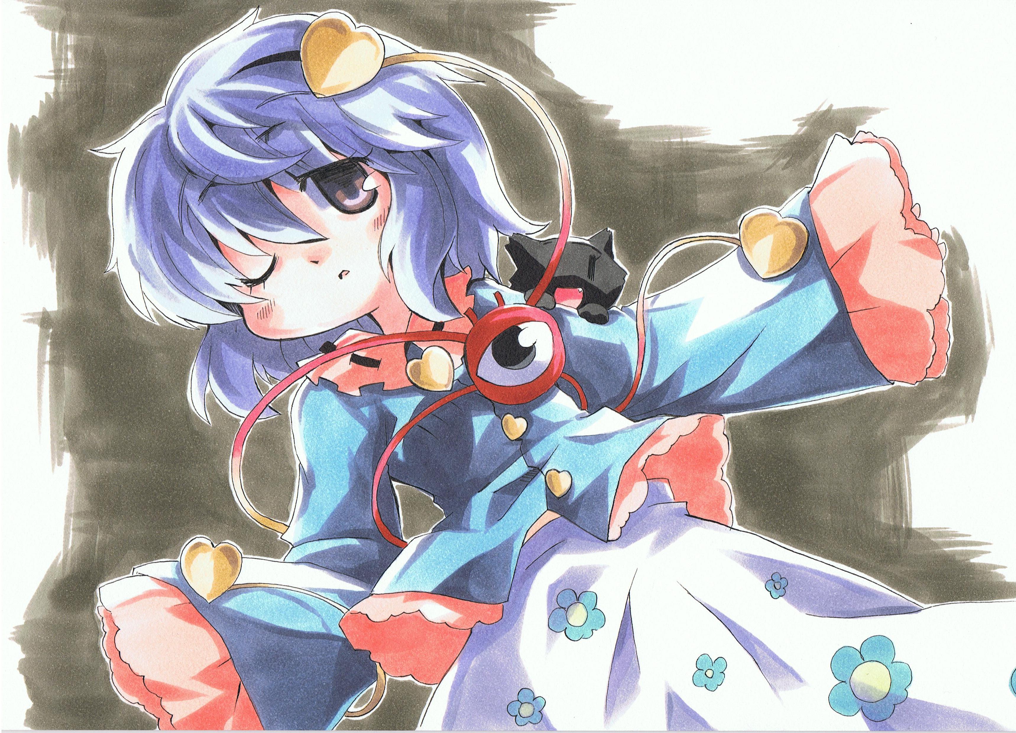 milkpanda, komeiji satori, touhou, absurdres, highres, marker (medium), traditional media, 1girl, blush, cat, female focus, hairband, hat, heart, purple hair, ribbon, short hair, solo