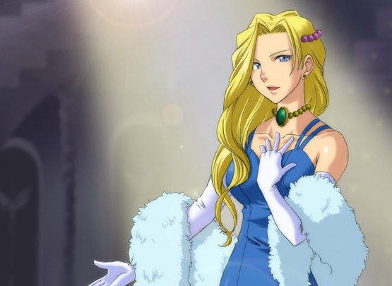 k-ma, glycine bleumer, sakura taisen, sakura taisen iii, 00s, blonde hair, blue eyes, dress, earrings, elbow gloves, feather boa, gloves, hair ornament, jewelry, long hair, spotlight