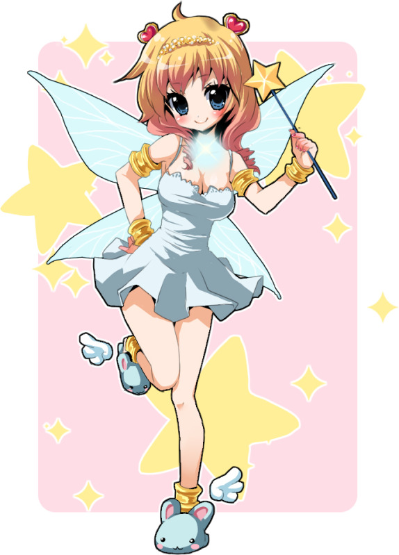 chikkuru, gaia online, 1girl, animal slippers, anklet, apron, armlet, blue eyes, blush, bracelet, breasts, brown hair, bunny slippers, cleavage, curly hair, dress, fairy wings, female focus, glowing, hair ornament, hand on own hip, jewelry, large breasts, long hair, looking at viewer, nail polish, naked apron, necklace, slippers, smile, solo, star (symbol), tiara, wand, wings