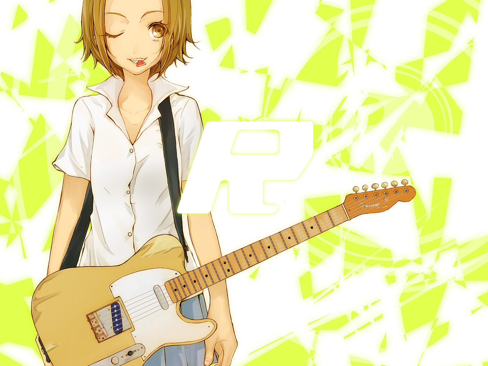 nishiuri warito, tainaka ritsu, k-on!, bad id, bad pixiv id, highres, 00s, 1girl, brown eyes, brown hair, electric guitar, female focus, fender (company), fender telecaster, guitar, instrument, mouth hold, one eye closed, plectrum, plectrum in mouth, school uniform, short hair, solo, tomboy, wink