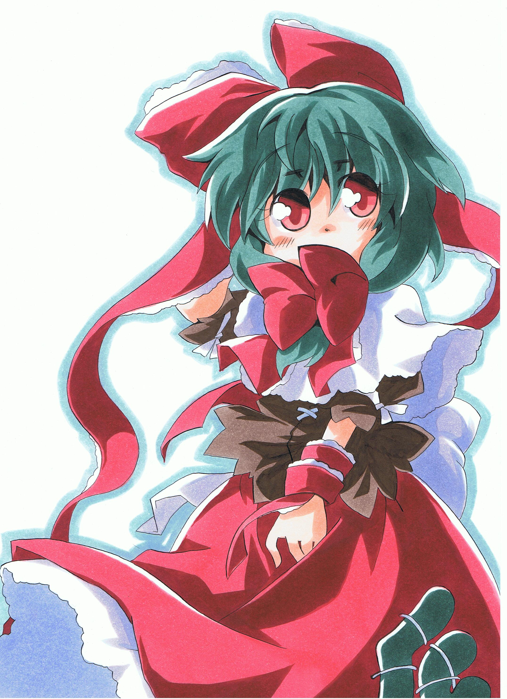 milkpanda, kagiyama hina, touhou, absurdres, highres, marker (medium), traditional media, 1girl, blush, female focus, front ponytail, green hair, hair ribbon, long hair, red eyes, ribbon, solo