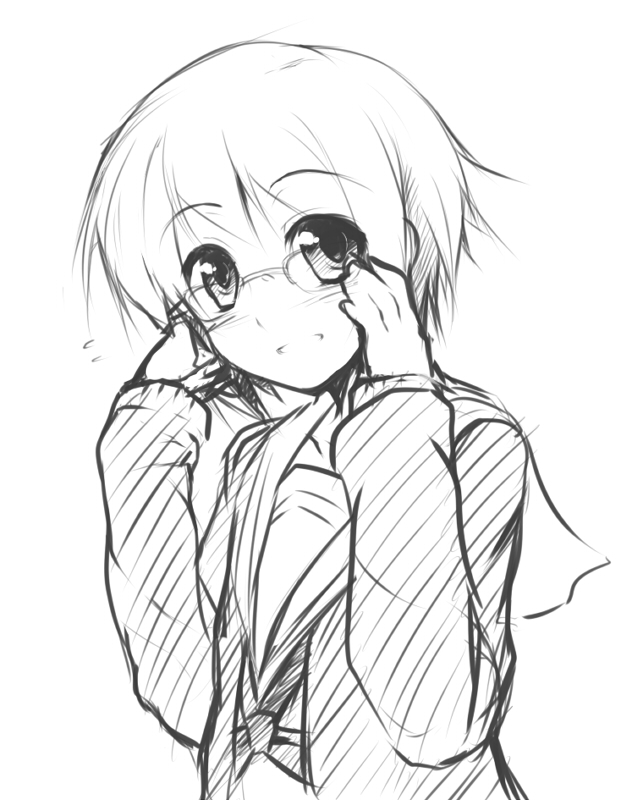 surikogi, nagato yuki, suzumiya haruhi no yuuutsu, 00s, adjusting eyewear, blush, glasses, greyscale, monochrome, school uniform, serafuku, short hair, sketch, smile, solo