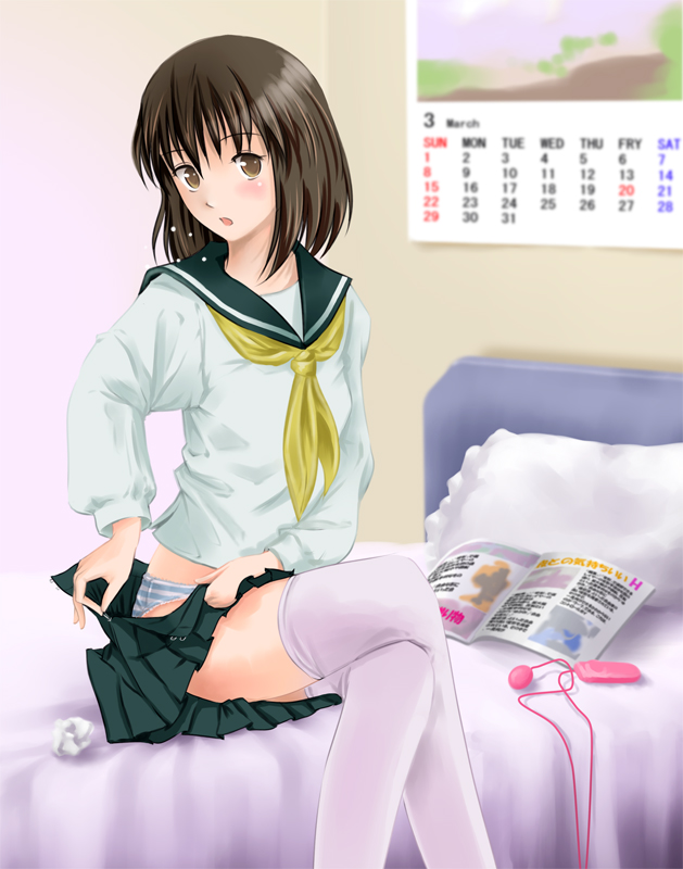 fenderu, original, 1girl, bed, blush, brown hair, caught, crossed legs, female focus, panties, pleated skirt, school uniform, serafuku, sex toy, short hair, sitting, skirt, solo, striped clothes, striped panties, thighhighs, tissue, underwear, undressing, vibrator, white thighhighs