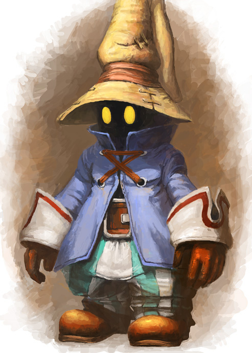 iwanai tomoeju, iwauchi tomoki, black mage (final fantasy), vivi ornitier, final fantasy, final fantasy ix, striped, bad id, bad pixiv id, 00s, 1boy, brown background, gloves, hat, male focus, solo, witch hat, wizard hat, yellow eyes