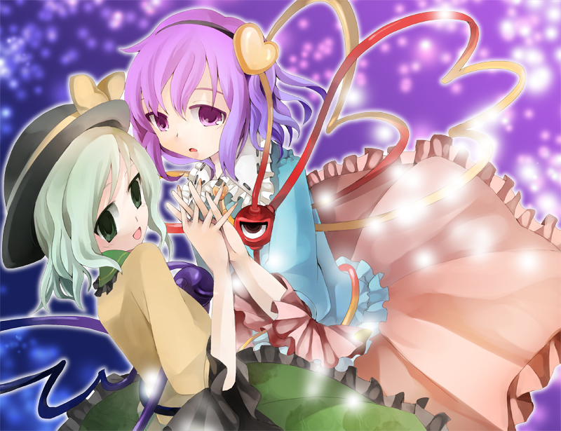 ringpearl, ringu paaru, komeiji koishi, komeiji satori, touhou, bad id, bad pixiv id, 2girls, female focus, green eyes, green hair, hairband, hat, heart, multiple girls, purple eyes, purple hair, short hair, siblings, sisters