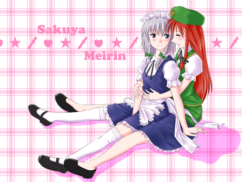 fenderu, hong meiling, izayoi sakuya, embodiment of scarlet devil, touhou, 2girls, braid, couple, female focus, hug, maid, multiple girls, sitting, smile, thighhighs, white thighhighs, yuri