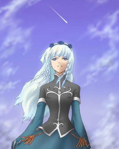 tempyou kango, merines, shirley fennes, tales of (series), tales of legendia, lowres, 1girl, black dress, blue background, blue dress, blue eyes, blue hair, braid, cloud, day, dress, female focus, hair ornament, long hair, shooting star, solo