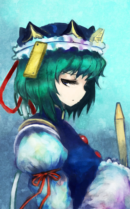 amii, shiki eiki, touhou, bad id, bad pixiv id, 1girl, blue eyes, female focus, green hair, hat, rod of remorse, short hair, solo
