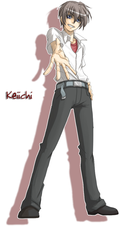 hishou kotatsu, maebara keiichi, higurashi no naku koro ni, 00s, 1boy, blue eyes, brown hair, foreshortening, full body, male focus, short hair, solo, undershirt