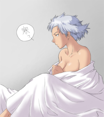 k-ma, lobelia carlini, sakura taisen, sakura taisen iii, silver hair, lowres, translation request, 00s, 1girl, bed sheet, breasts, cleavage, covering privates, grey eyes, naked sheet, nude, nude cover, short hair, under covers