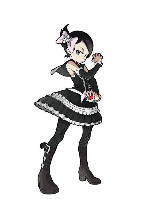 boystalk (101197), yubidoriru, marley (pokemon), nintendo, pokemon, pokemon dppt, pinstripe legwear, striped, 00s, 1girl, black boots, black hair, black pantyhose, boots, dual wielding, female focus, full body, gothic lolita, half-closed eyes, high heel boots, high heels, holding, holding poke ball, legs apart, lolita fashion, pantyhose, pinstripe pattern, poke ball, poke ball (basic), simple background, solo, standing, v-shaped eyebrows, white background
