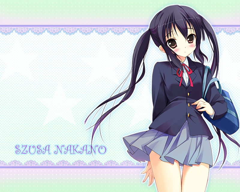 mamita, nakano azusa, k-on!, bad id, bad pixiv id, 00s, 1girl, bag, black hair, brown eyes, female focus, long hair, neck ribbon, red ribbon, ribbon, school uniform, solo, twintails, typo
